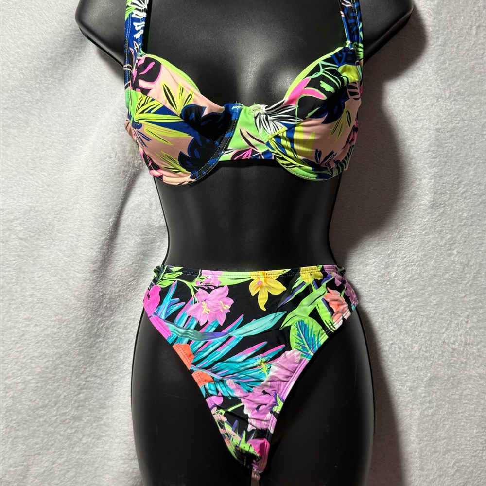 Tropical Neon Floral Bikini Set - Black Base